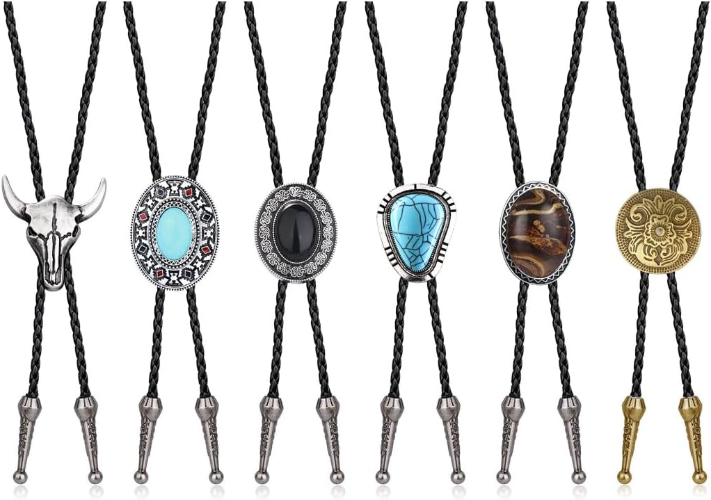 ADRAMATA 6 Pcs Bolo Tie for Men Western Cowboy Handmade Leather Necktie Halloween Costume Accessories