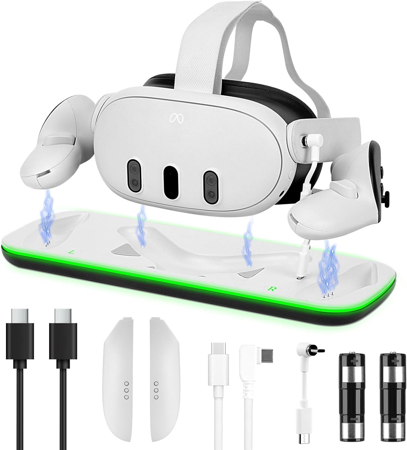 VR Charging Dock for Meta Quest 3S/Quest 3, Fast Charging Station with LED Indicator, Magnetic Charging Dock Station for VR Headset & Controllers, with 2 Rechargeable Batteries