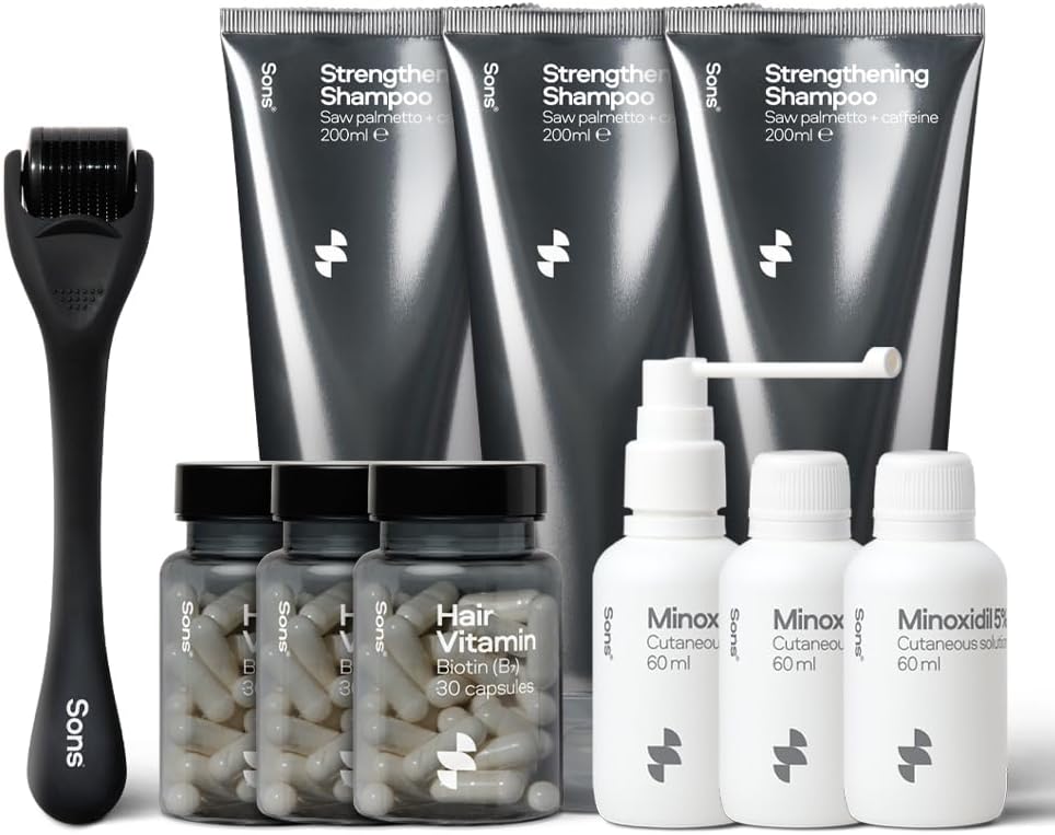 Sons Complete Hair Loss Treatment. Minoxidil 5% Hair Regrowth Treatment, Vegan Biotin for Hair, Skin & Nails, Hair Growth Shampoo, Microneedling Derma Roller. 3 Month Supply. Made in Europe.