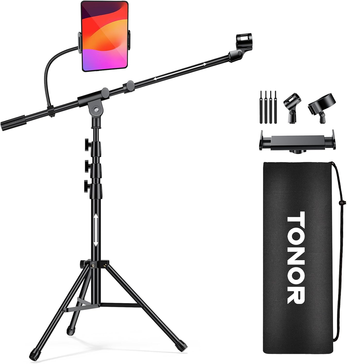 TONOR Microphone Stand with Tablet Holder, Tripod Boom Arm for Floor, Adjustable Height and Angle, Heavy Duty Stand with Carrying Bag, Phone and Pad Clamp, Excellent Compatibility, T35