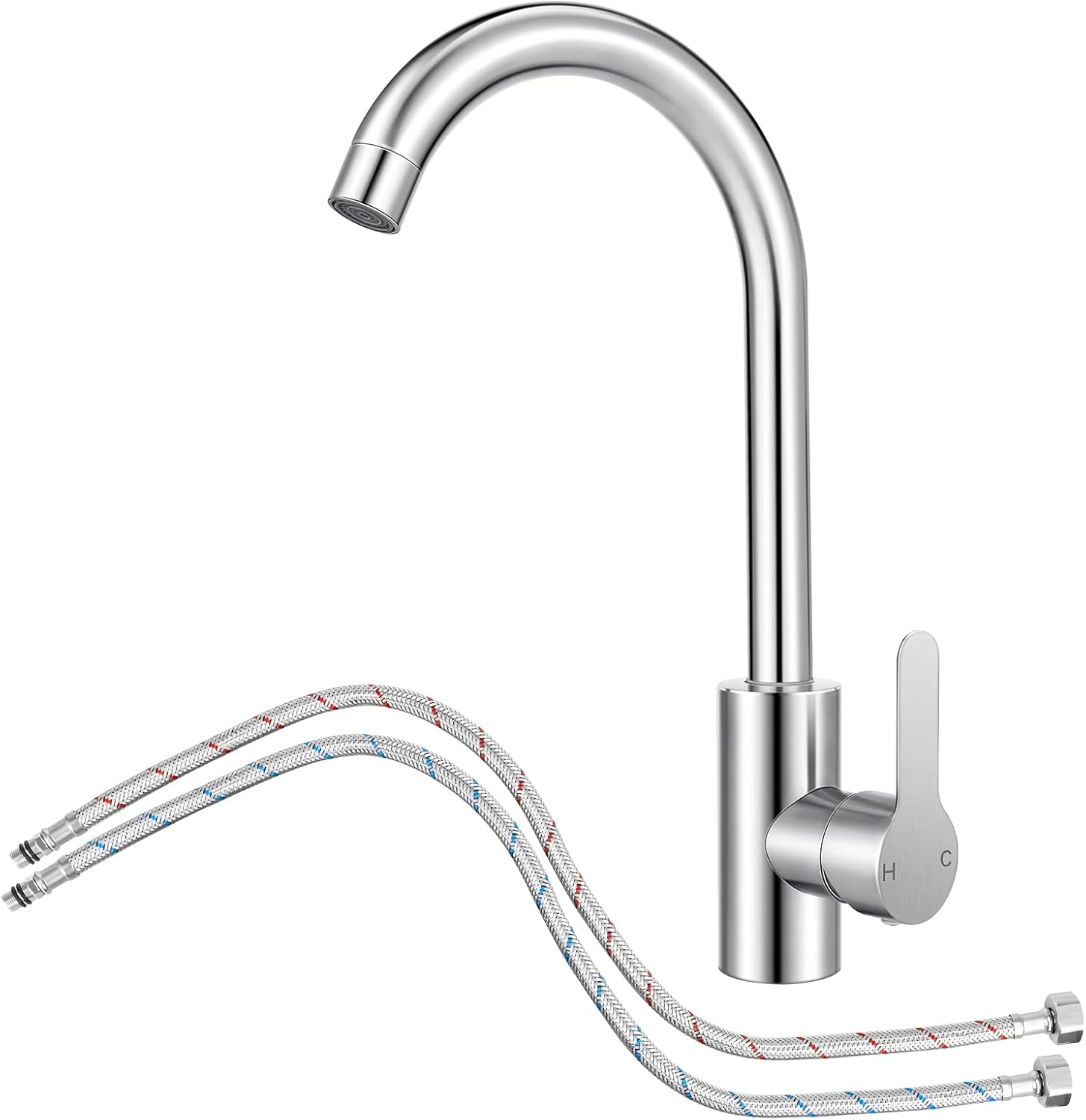 Kitchen Sink Mixer Tap with Hoses - Stainless Steel 360° Monobloc Single Lever Swivel Spout,High Arc Mono Basin Faucet,with 1/2'' Female for UK Standard Fittings (Modern)