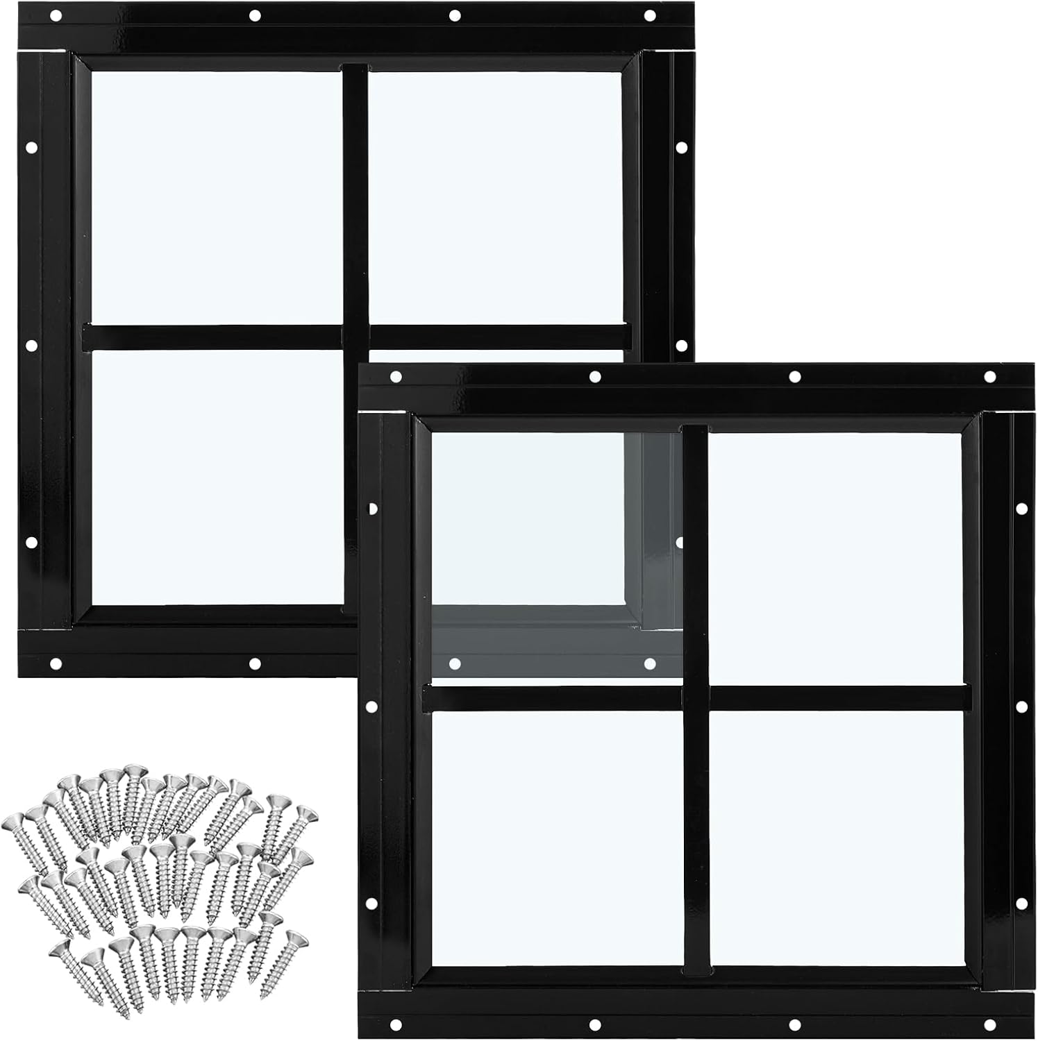 Tandefio 2 Pack 12'' x 12'' Black Flush Mount Shed Window with Tempered Glass Household Windows with Screws for Chicken Coop Sheds Barns Playhouse