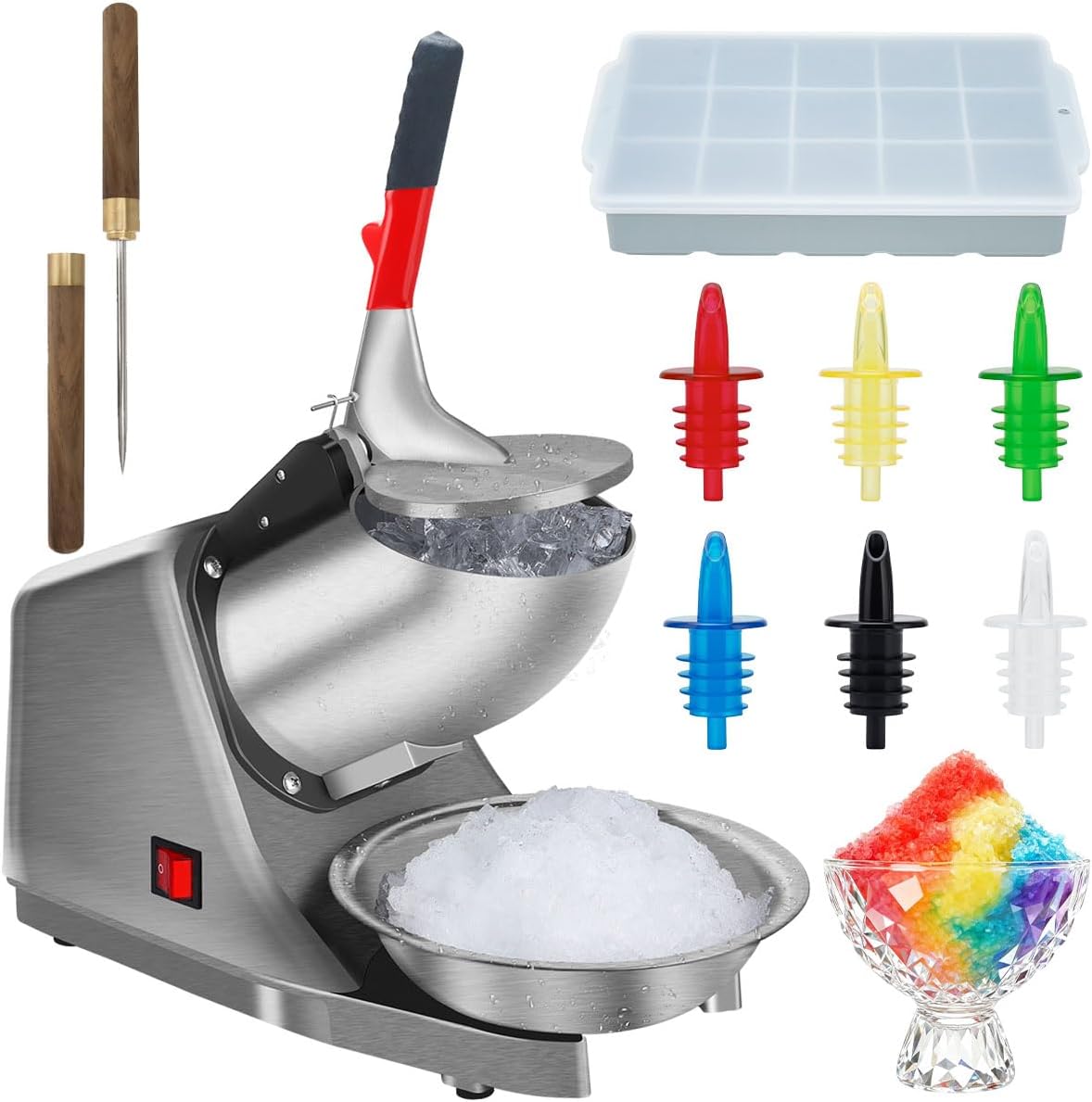 Reespring Snow Cone Machine Shaved Ice Machine Ice Crusher with 4 Blades Kitchen Electric for Shaved Ice and Snow Cone (300W 2000r/min) Comes with a Free Ice Pick,Ice Cube Tray, 6 Syrup dispensers