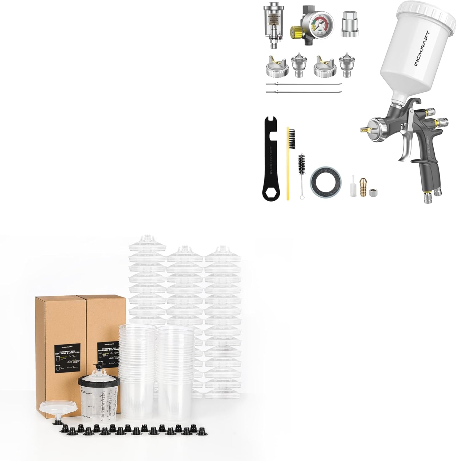InoKraft D1 LVLP Air Spray Gun+Disposable Paint Sprayer Gun Cup 22 Ounce(650ml) Kit with 45 Cups and Lids System, 1 Hard Cup with Retainer Ring and 20 Plugs
