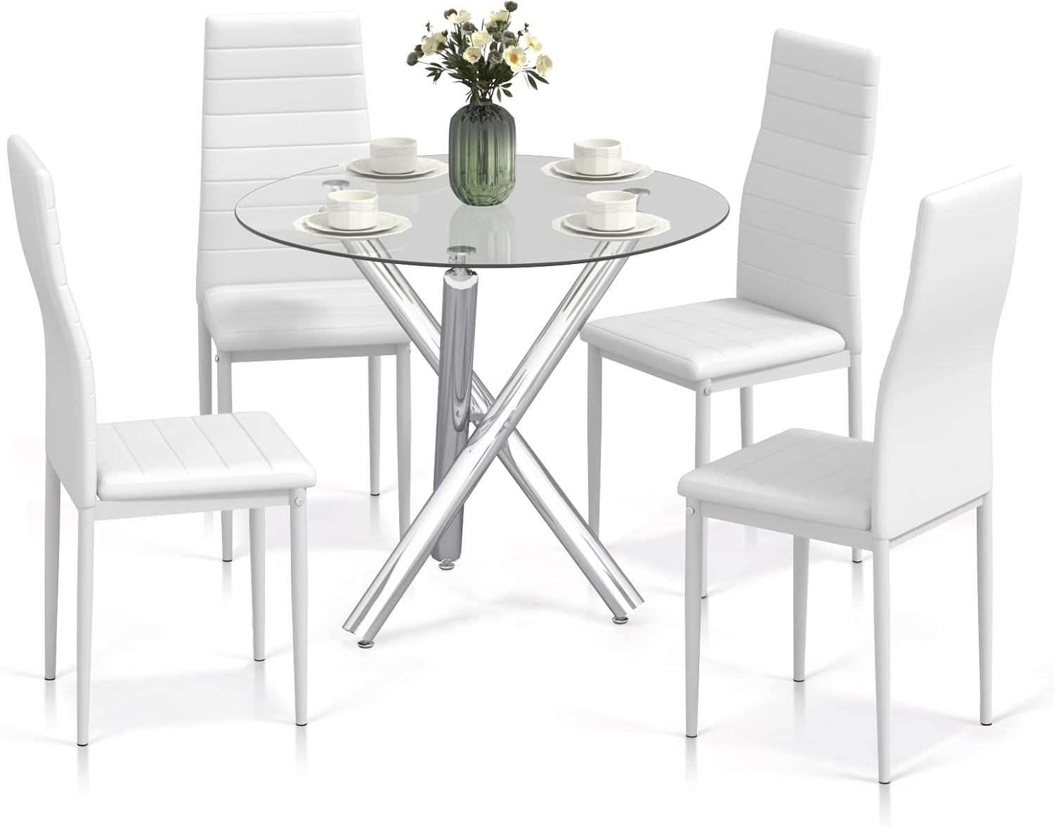 Jooli H Dining Table and Chairs Set 4, Round Kitchen Table and 4 White Faux PU Leather Chairs Modern Dining Room Furniture Set