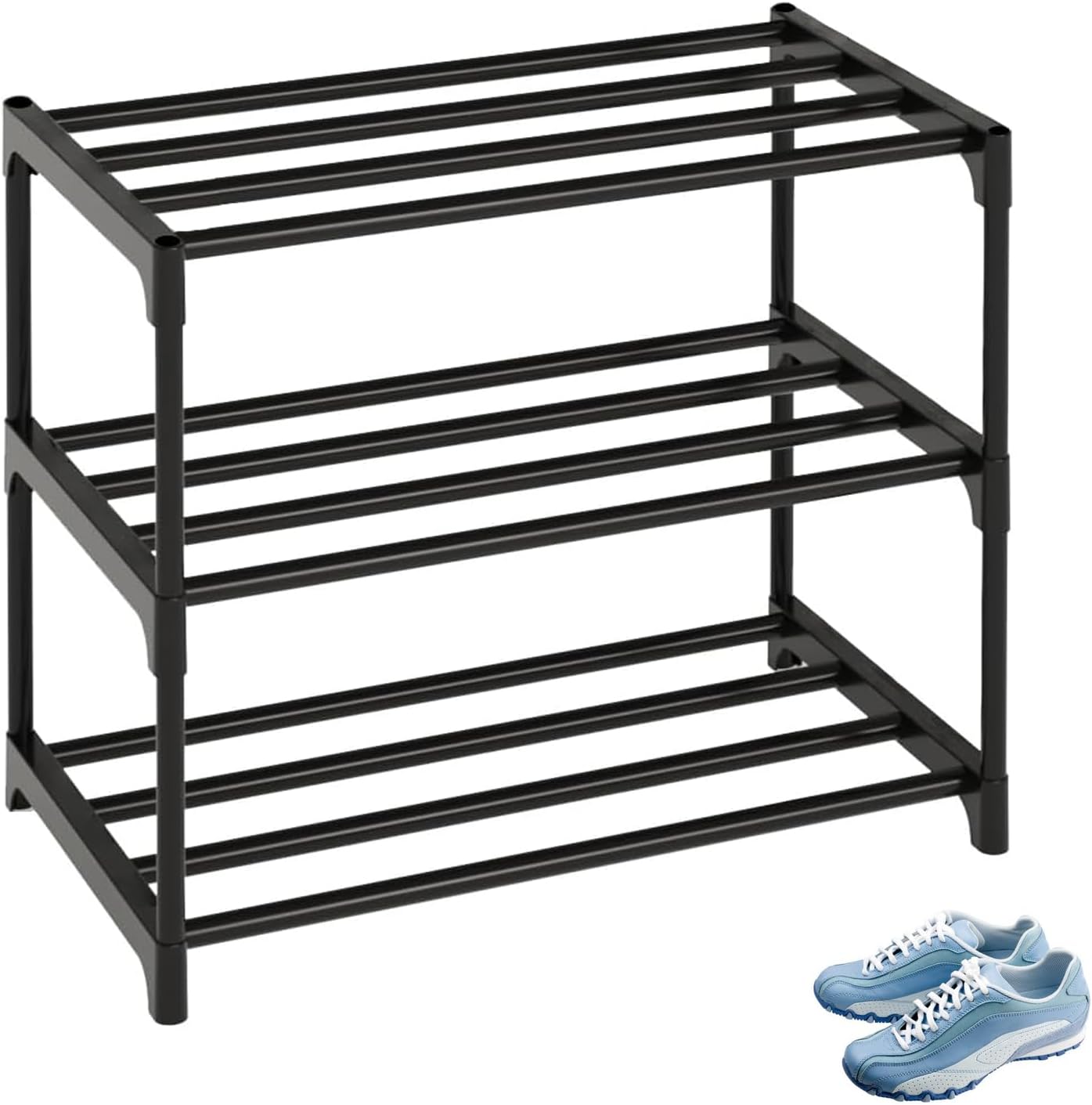 3 Tier Shoe Rack, Narrow Small Shoe Storage Organiser, Space Saving Metal Footware Storage Rack, Easy Assembly & Strong Design, Stackable Shoe Shelf Stand for Hallway, Living Room, Bedroom(Black)