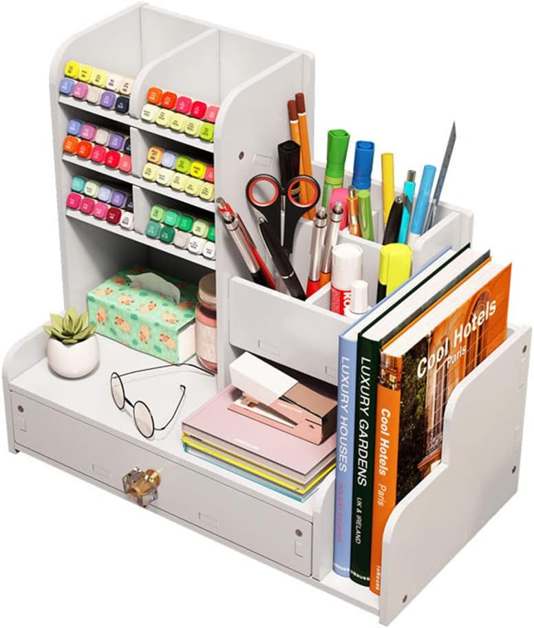 Upgraded Desktop Stationary Organizer with Drawer, DIY White Pencil Holder Desk Tidy Caddy Art Supply Organizer for Home, Office and School