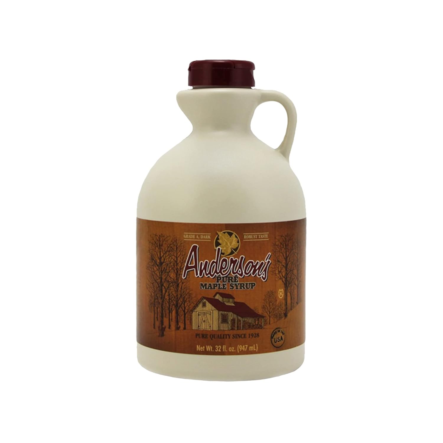 Anderson's Maple Syrup Dark Pure Maple Syrup in a 32 oz. plastic Jug, brown