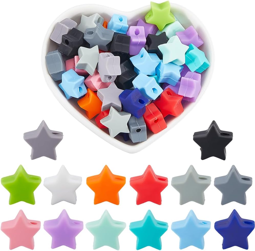 SUNNYCLUE 140Pcs 14 Colors Star Silicone Beads Stars Bead Bulk Soft Rubber Colorful Five-Pointed Star Shaped Focal Loose Spacer Pens Beads for Jewellery Making Bracelet Keychain DIY Crafts Accessories
