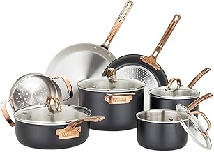 Viking Culinary 3-Ply 11 piece Cookware Set, Black with Copper with Glass Lids, Works on All Cooktops including Induction