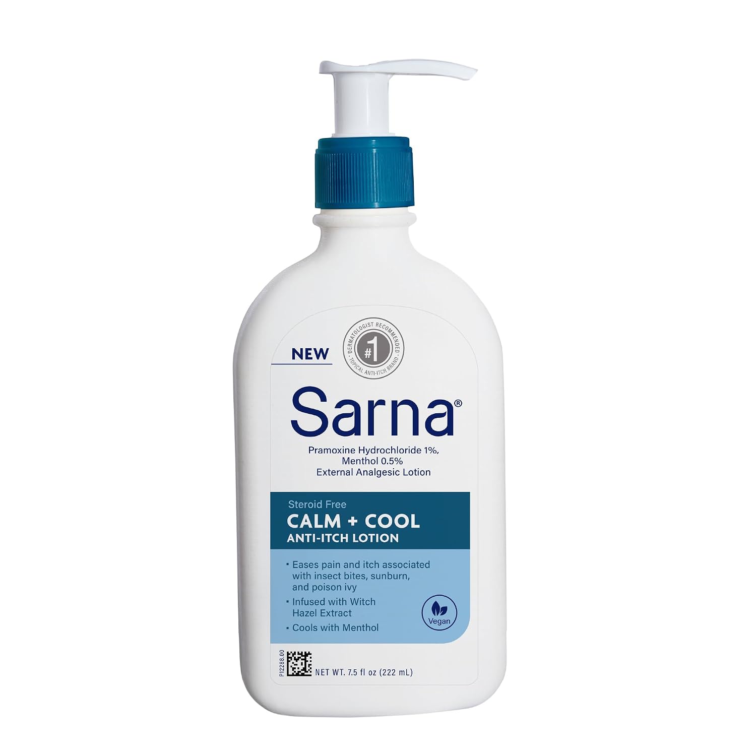 Sarna Calm and Cool Anti-Itch Lotion, Soothe and Relieve Pain and Itch from Insect Bites, Sunburn, Poison Ivy, Contains 1% Pramoxine Hydrochloride, 0.5% Menthol, Vegan, Steroid-Free, 7.5oz | Relieves Pain & Itch, Soothes Insect Bites, Sunburn & Poison Ivy, Vegan, Steroid-Free, Non-Greasy, With Aloe, 0.5% Menthol