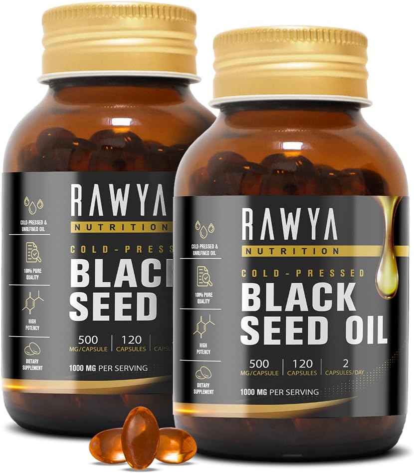 Rawya Black Seed Oil - 120 Softgel Capsules, Cold-Pressed Nigella Sativa, Pure Black Cumin Seed Oil, Rich in Omega Fatty Acids, Cumin Seeds for Radiant Skin & Hair Nourishment - 500mg Each, 2 Pack