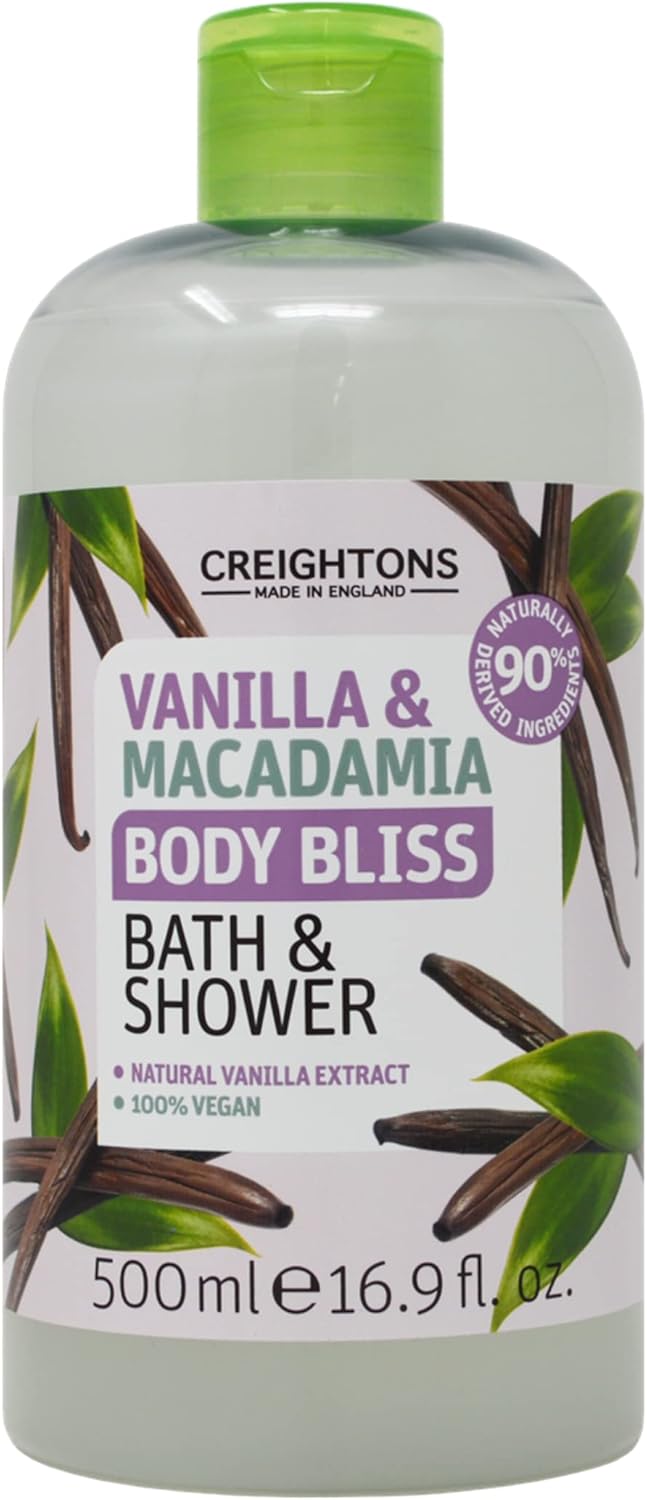 Creightons Body Bliss Vanilla and Macadamia Bath and Shower Gel (500ml) – Natural Vanilla Extract. 100% Vegan. Cruelty Free. 90% Naturally Derived Ingredients