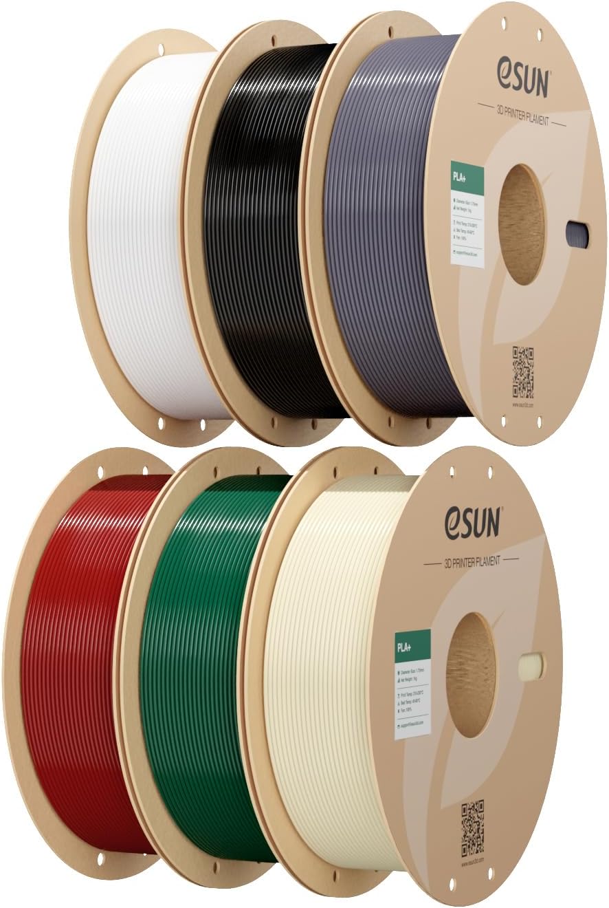 eSUN 6KG Bulk PLA+ Filament 1.75mm, 6 Spool Pack (1KG/Spool) Pro-Grade High Toughness PLA Plus 3D Printer Filament, Dimensional Accuracy +/- 0.03mm, Black+White+Grey+BoneWhite+PineGreen+FireEngineRed