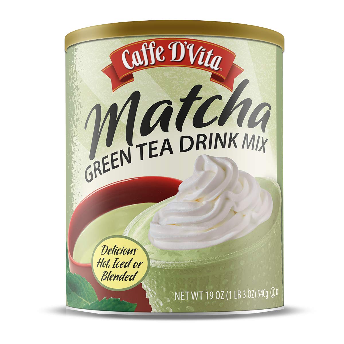 Caffe D'Vita Matcha Green Tea Drink Mix - Japanese Matcha Green Tea Powder, Gluten Free, Low Fat, No Cholesterol, No Hydrogenated Oils, No Trans Fat, Kosher-Dairy, Green Matcha Tea Powder - 19 Oz Can