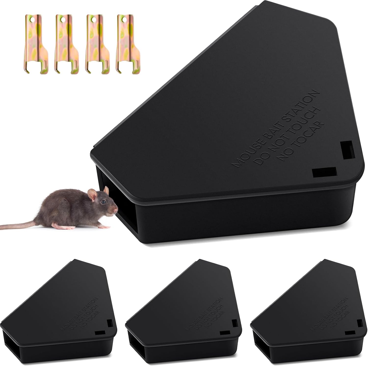 Qualirey 4 Pcs Mice Station with Key Mouse Bait Station Reusable Mice Trap Bait Box, Keeps Children and Pets Safe Indoor & Outdoor, Bait Not Included, Suitable for Small Mice (Black)