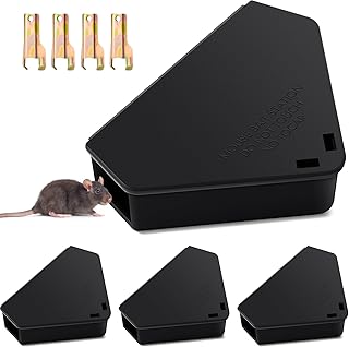 Qualirey 4 Pcs Mice Station with Key Mouse Bait Station Reusable Mice Trap Bait Box, Keeps Children and Pets Safe Indoor & Outdoor, Bait Not Included, Suitable for Small Mice (Black)