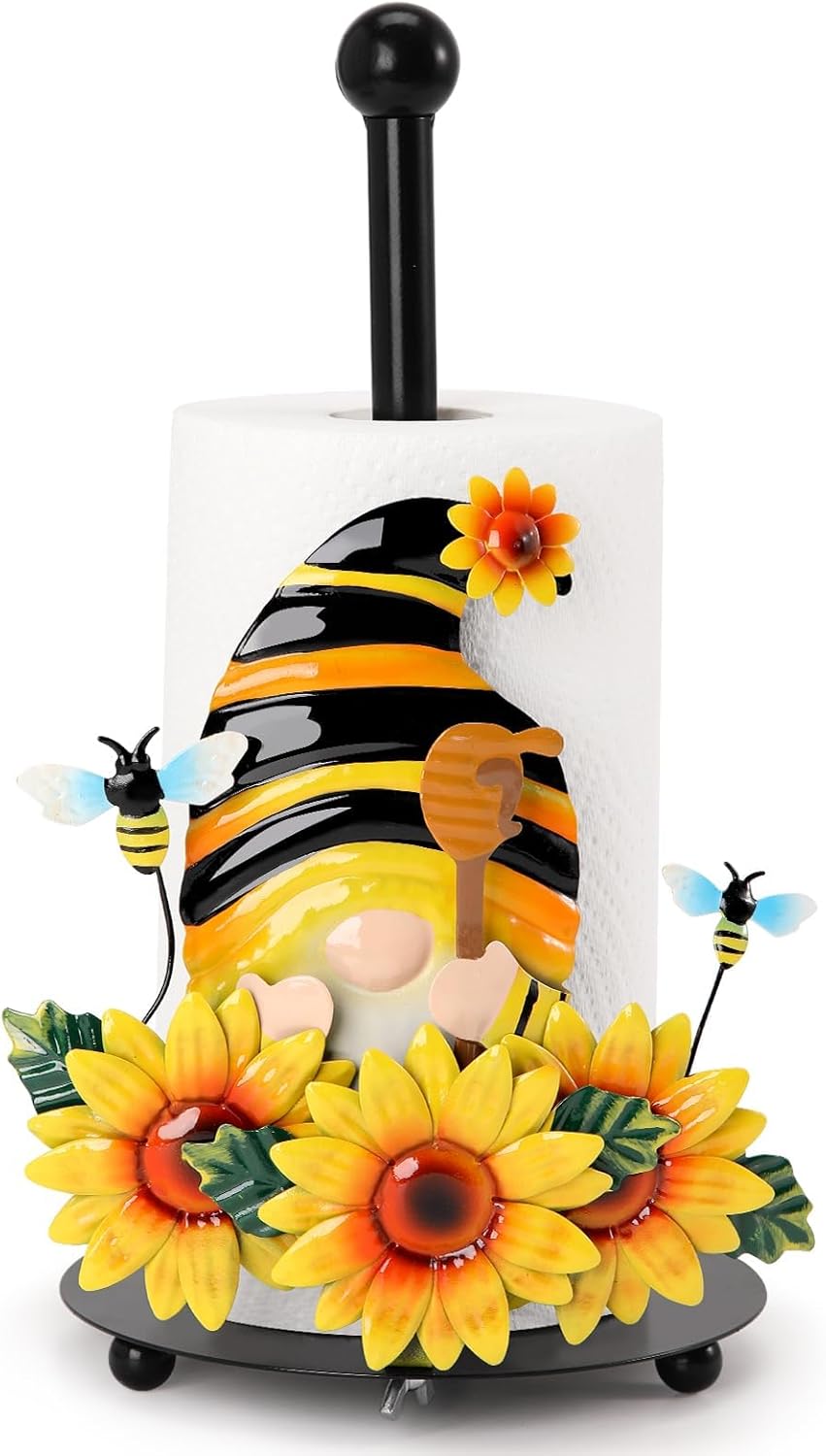 Qmetalart Sunflower Gnome Paper Towel Holder, Gnome Honey Bees Kitchen Bathroom Decor Modern Accessories Metal Farmhouse Large Paper Towel Stand for Countertops Swedish Gnome Lover Gifts