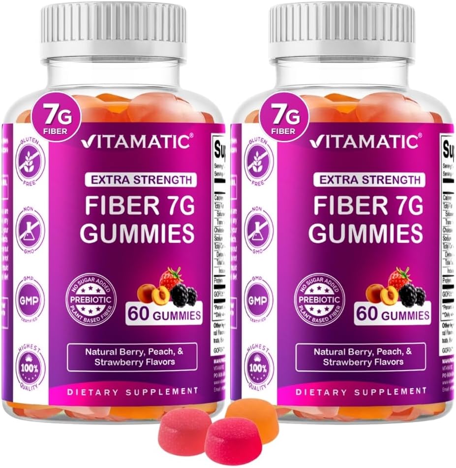 Vitamatic Prebiotic Fiber Gummies for Adults – 2 Pack (Total 120 Gummies) 7g Fiber per Serving | Extra Strength | Zero Sugar Added | Pectin-Based | Digestive Health & Regularity Support
