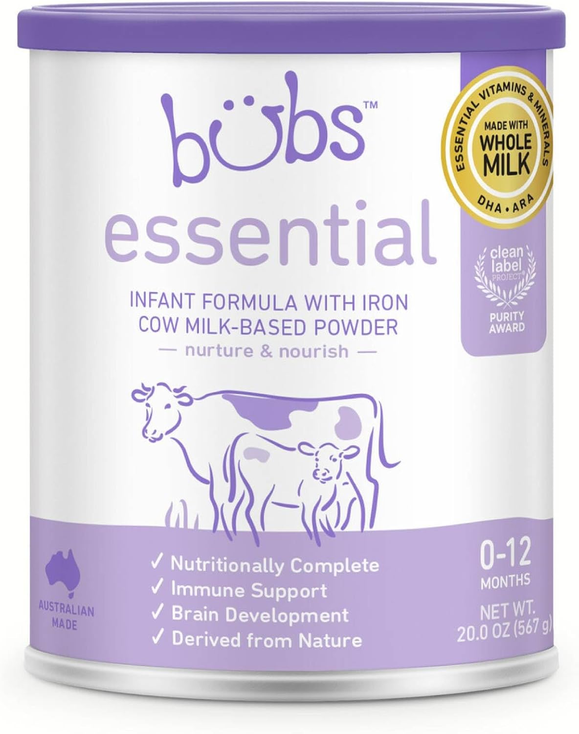 Bubs Essential Infant Formula, with Iron, Cow Milk-Based Powder, for Infants 0-12 Months, Made with Non-GMO Milk, 20 oz