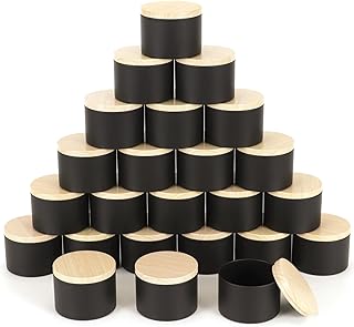 SONVIIBOX 24 PCS 4oz Candle Tins, Black tins with Wood-Grain Metal lids,Candle Jars for Making Candles Bulk,4 oz Candle Jars,Tin Jars for Candle Making (4OZ, Black)