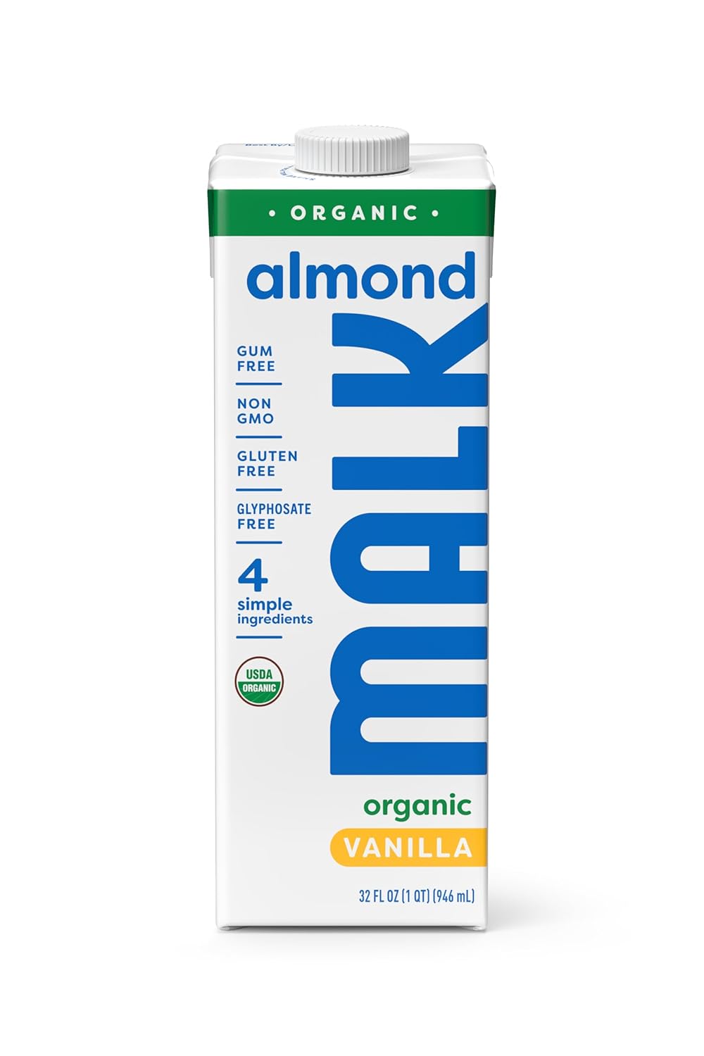 MALK Shelf Stable Organic Vanilla Almond Milk, 32 fl oz, Non-GMO, Dairy Free, Plant Based, Vegan, Gluten Free, 4 Simple Ingredients