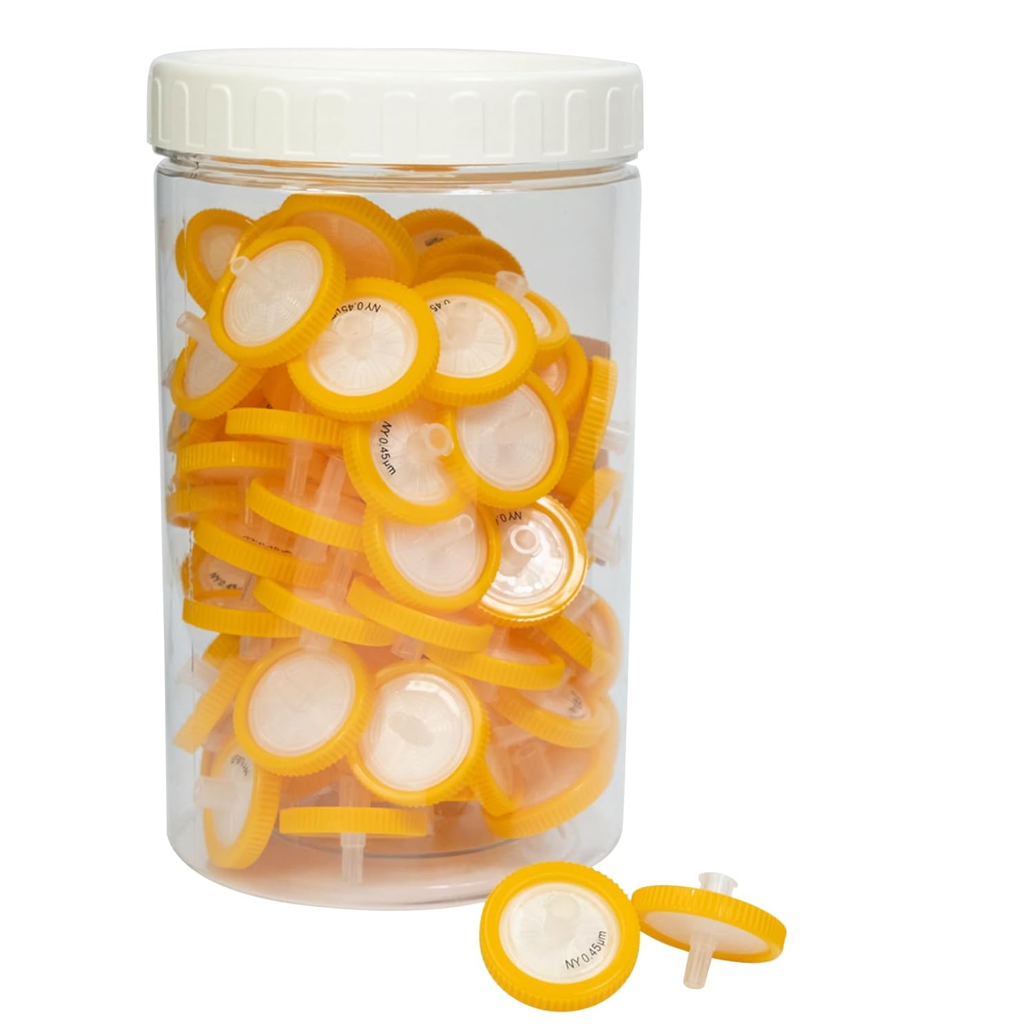 Syringe Filter Nylon Membrane 25mm Diameter 0.45um Pore Size, HPLC and GC Needle Filter, Non-Sterile, High Throughput Lab Filtration for Biomed Scientific, Barreled Packed