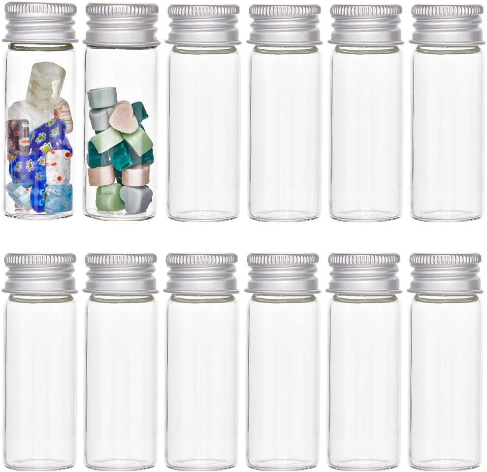 SUNNYCLUE 30Pcs Mini Glass Bottles 12ml Glass Bead Bottles Glass Test Tube Clear Empty Jars with Aluminum Cap Small Glass Vials Mini Tiny Glass Bottles for Liquid DIY Craft Party Favors Beads Storage