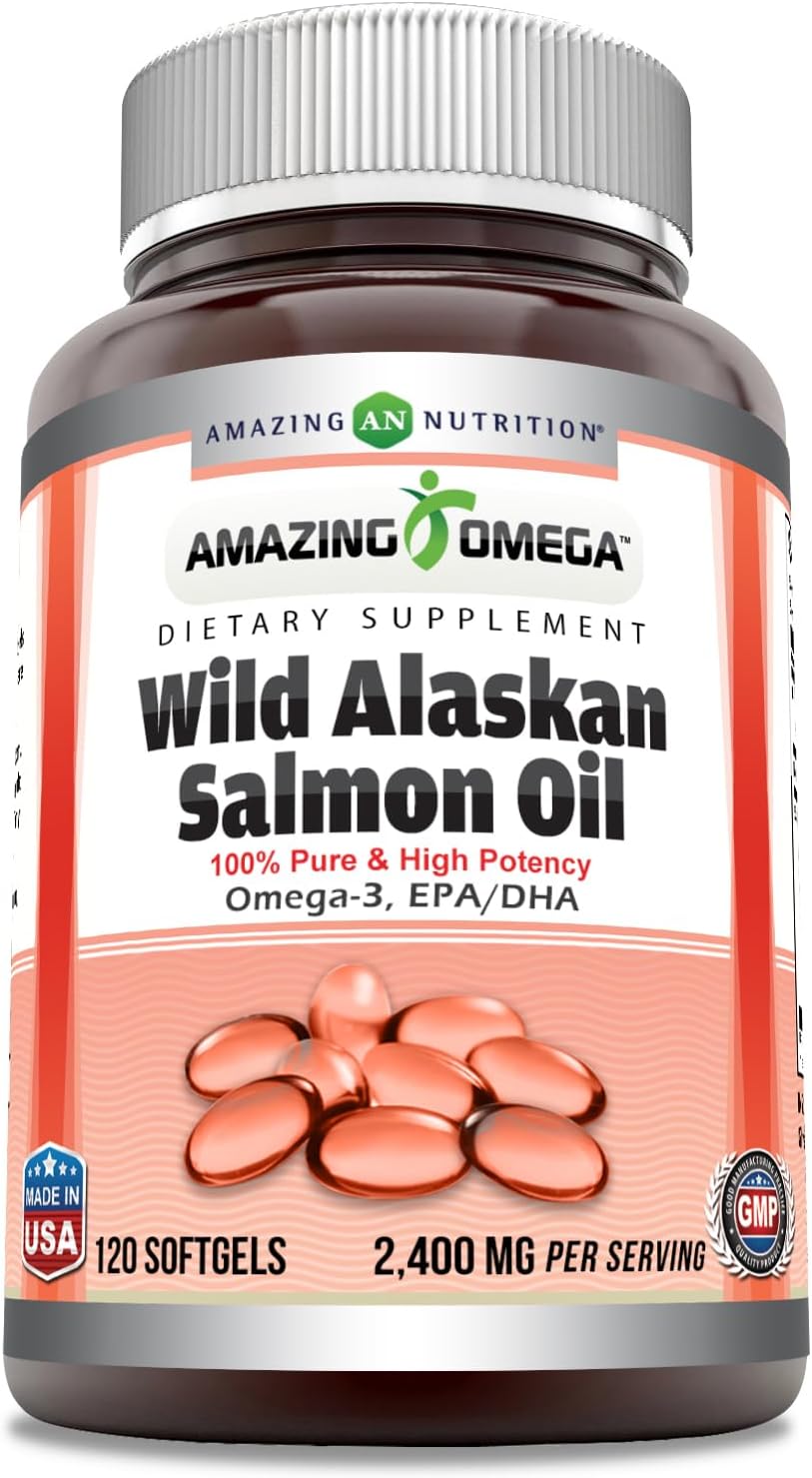 Amazing Omega Wild Alaskan Salmon Oil (Omega-3, EPA/DHA) Supplement | 2400 Mg Per Serving | 120 Softgels | Non-GMO | Gluten-Free | Made in USA