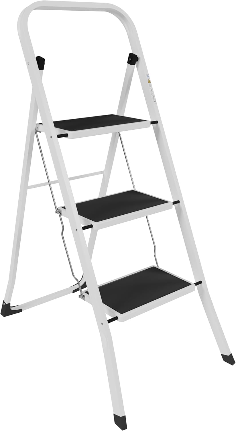 Home Vida 3 Step Ladder - Heavy Duty Steel Folding Ladder with Slip-Resistant and Wide Steps, Folding Mechanism, 150kg Max Load, Home/Kitchen/DIY/Garden Use, White