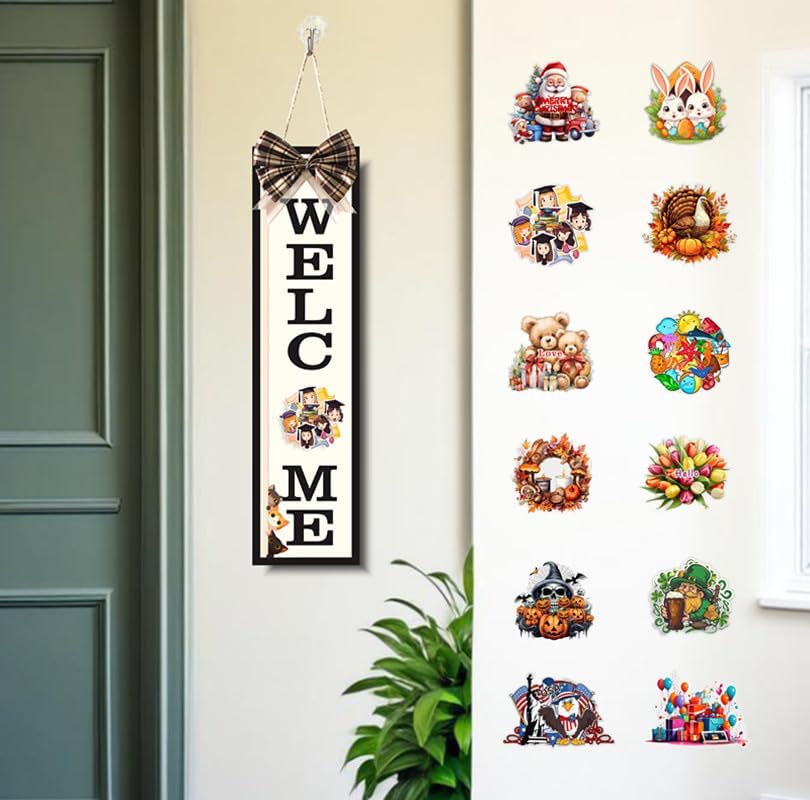 Seasonal Welcome Sign with 12 Interchangeable Holiday Icons, White Wooden Front Door Decor, 17 Inches, Farmhouse Style Porch Decoration