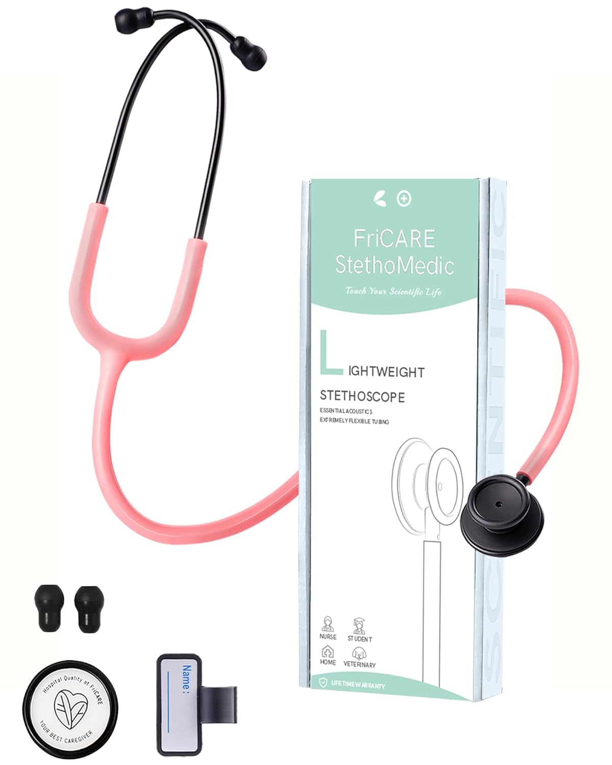 FriCARE Dual Head Stethoscope - Stethoscopes for Nurses, Medical Nursing Students, Paramedics/EMT/LVN/VNA Backup Estetoscopio, Aurora Pink Tube Matte Black Finish Chestpiece