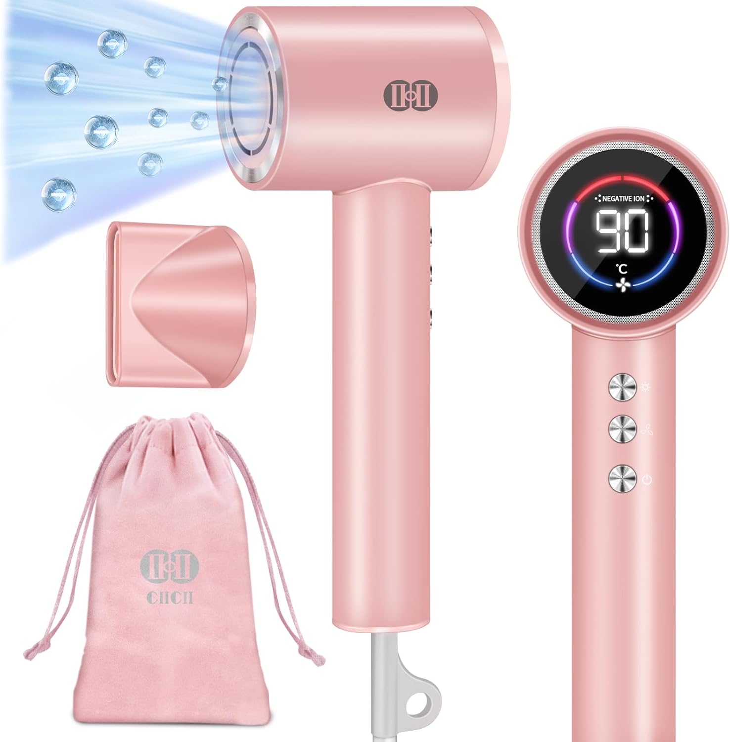 CIICII Ionic Hair Dryer Professional, 120000RPM High Speed Blow Dryer (1600W Brushless/ 3-Speed/ 5-Temp & HD Display & Portable Travel Bag) Fast Drying Hairdryer for Home Barber Salon (Pink)