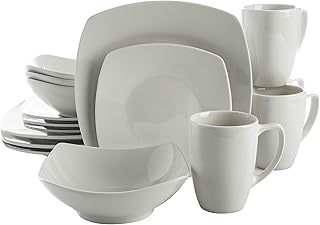 Gibson Home Zen Buffet Porcelain Chip and Scratch Resistant Dinnerware Plates, Bowls, and Mugs Set, Service for 4 (16pcs), White (Square Dishes)