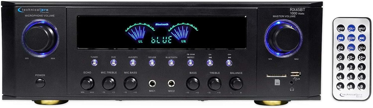 Technical Pro RX45BT Home Theater Receiver 1000w Amplifier Bluetooth USB Bundle with Remote