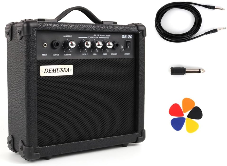 20W Watt Electric Bass Guitar Black Amplifier Portable Travel Mini Practic Amp Headphone Jack Aux Treble Middle Bass Mp3 with Cable Adapter Guitar Picks in
