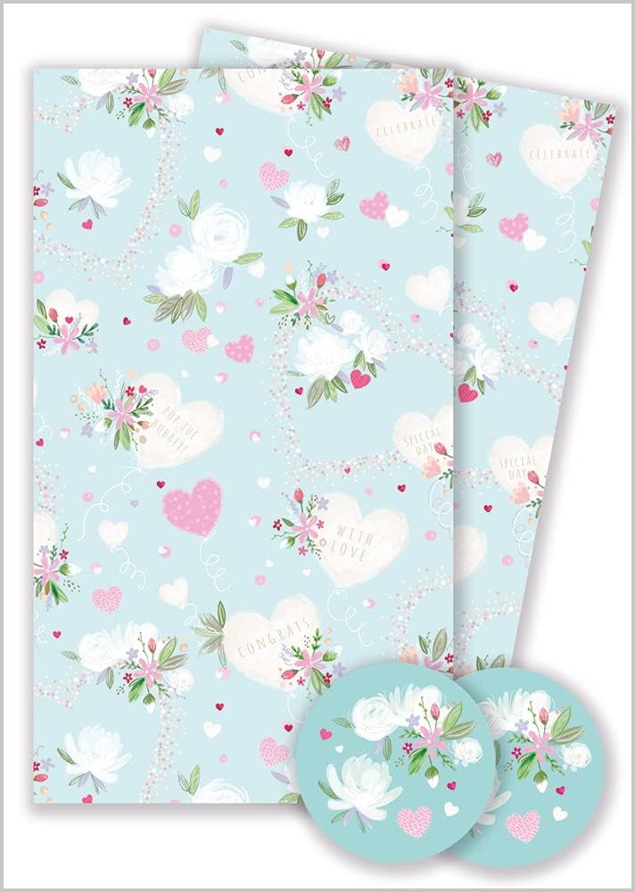 Abacus Cards Wrapping Paper 11365A "Love Heart & Flowers" Gift Wrap Pack with 2 Sheets & 2 Tags, Plastic free & FULLY RECYCLABLE, multicoloured