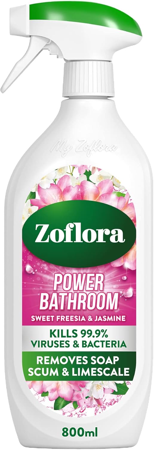 Zoflora Sweet Freesia & Jasmine Power Bathroom Cleaner, Removes Soap Scum, Limescale Remover & Prevention, Antibacterial Multi-Surface Bathroom Spray, Kills 99.9% Of Bacteria & Viruses, 1 X 800 ml