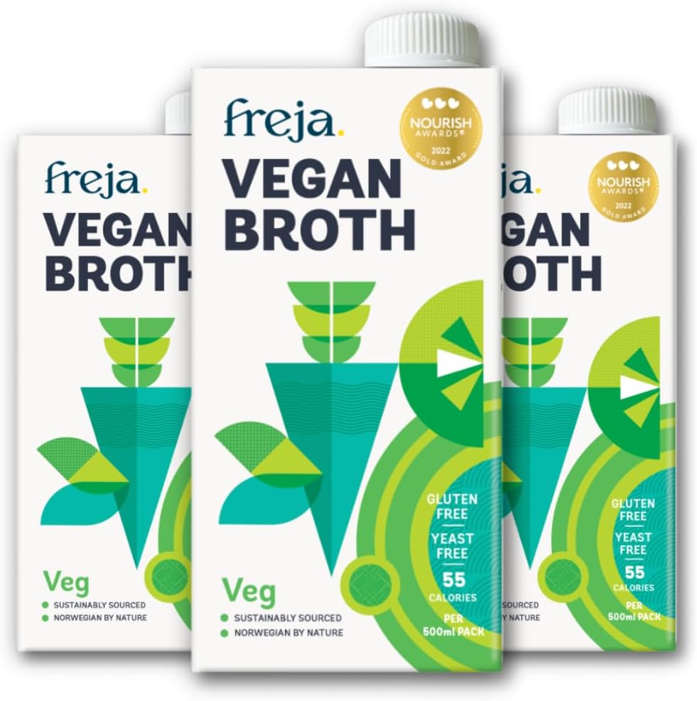 Freja Gourmet Vegan Broth | Plant Based Premium Vegetable Broth | Clear Liquid Bouillon, not from Vegetable Stock Cubes, Powder or Concentrate | Low Calorie | Yeast, Dairy & Gluten Free | 3 x 500ml