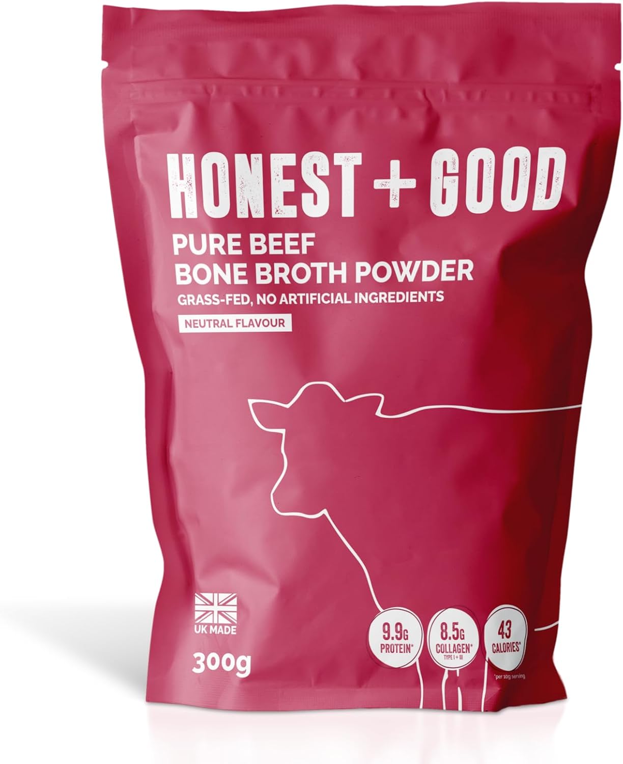 Honest + Good UK's Beef Bone Broth Powder | 1 Month Supply | Grass Fed | Hair Skin Gut | 8500mg Type I & III Collagen High Protein | UK Made | No Seasoning Neutral Flavour
