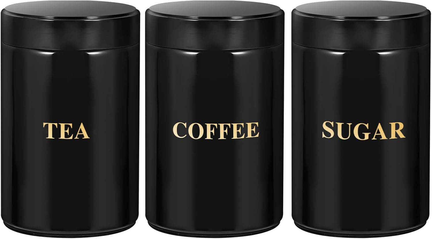 Bayseun Tea Coffee Sugar Canisters, Set of 3 Tea Coffee and Sugar Canisters Set, Easy to Open & Airtight Lids, Kitchen Storage Jars, Decorative Tins Caddy, Black