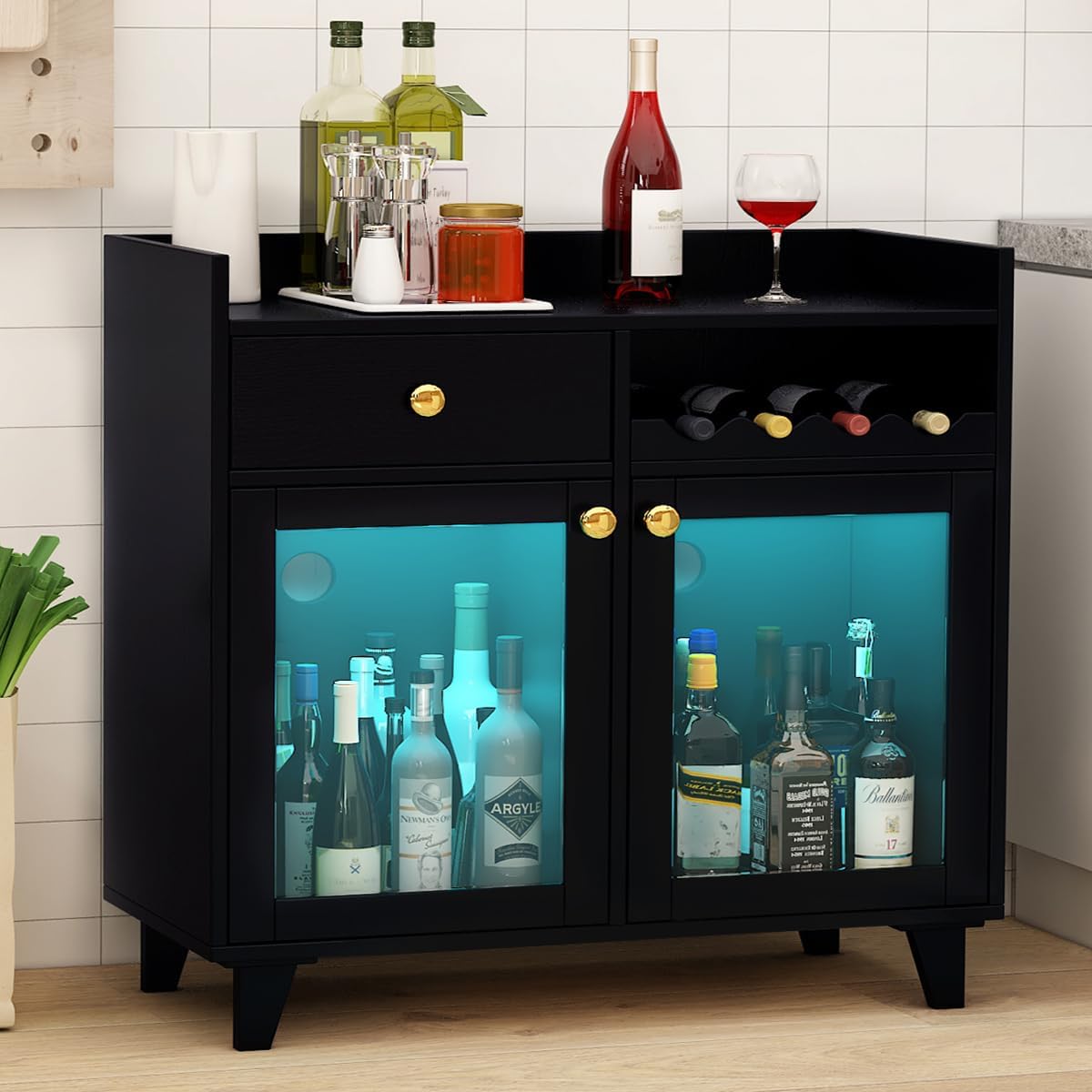 COCO DESIGN Small Wine Cabinet with Glass Doors, Modern Liquor Bar Cabinet with LED Light for Alcohol, Farmhouse Buffet Coffee Sideboard with Storage for Kitchen, Black