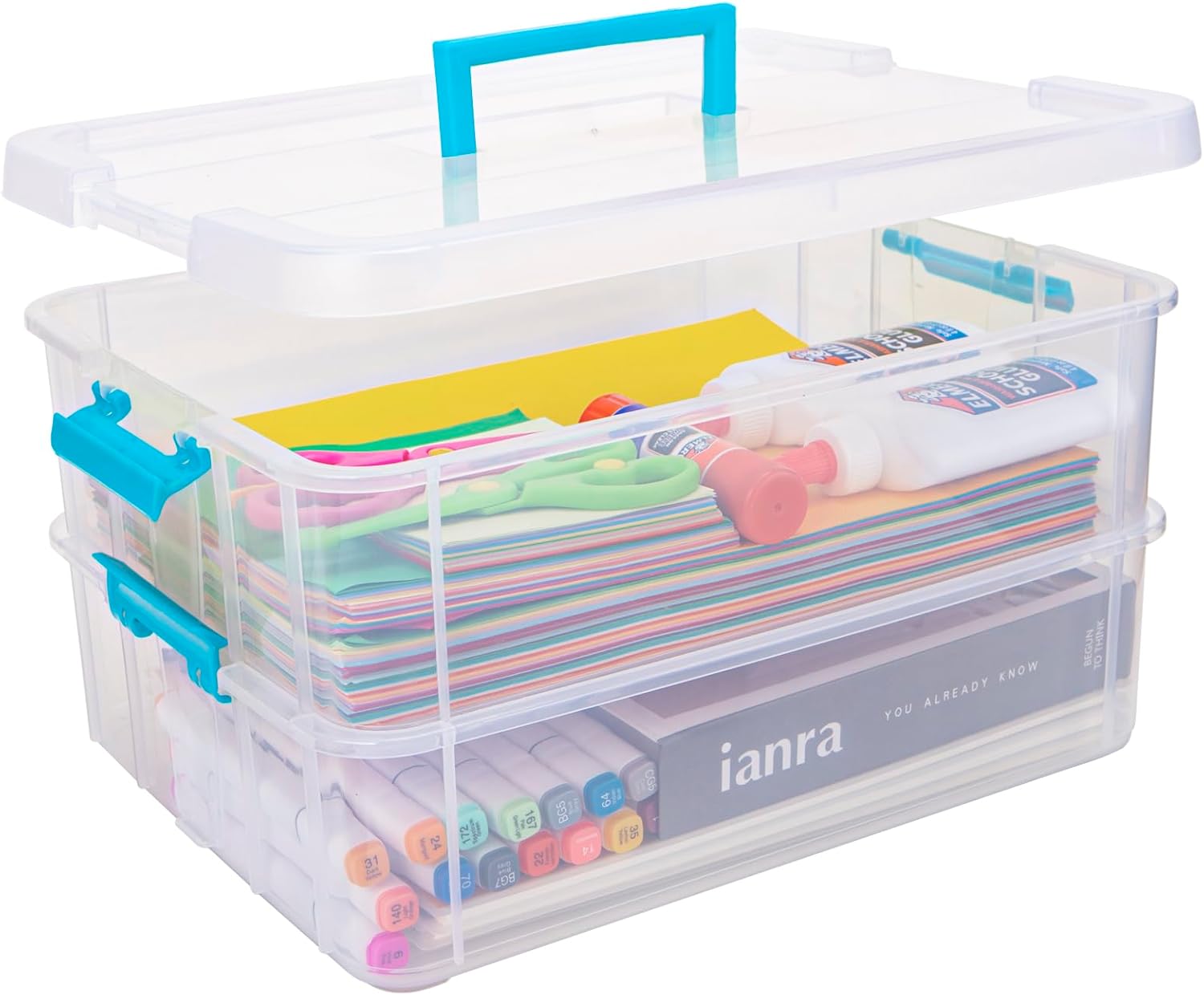 Creahaus 2 Layer Plastic Storage Containers with Lids, Multipurpose Clear Stack & Carry Box, Portable Craft Organizers and Storage Bin for Organizing Art Craft, Sewing, Building Blocks, Nail Supplies