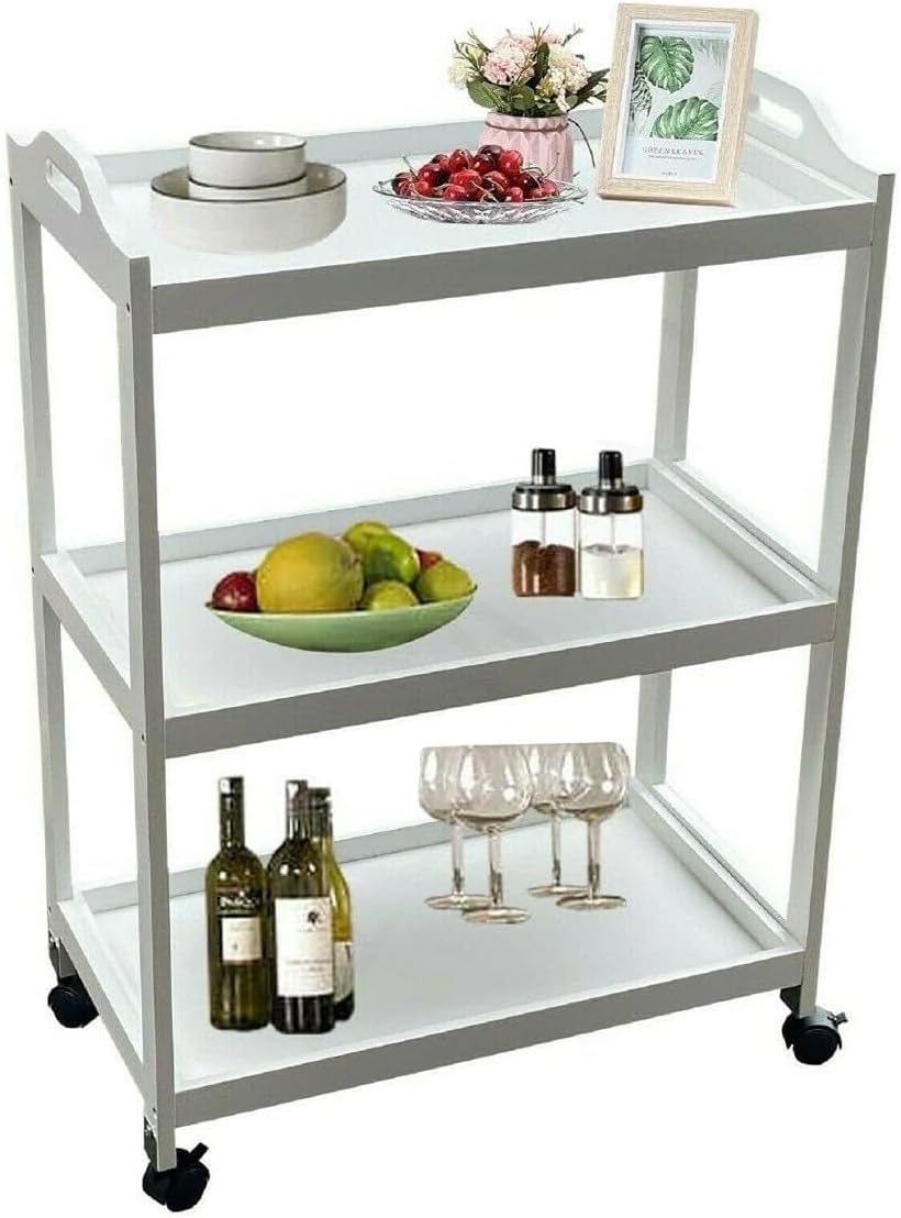 3 Tier Kitchen Serving Trolley Utility Cart Tea Coffee Meal Drinks Serving Trolley Home and Restaurant Use Easy Moving Cart with wheels Extra Storage Shelves White
