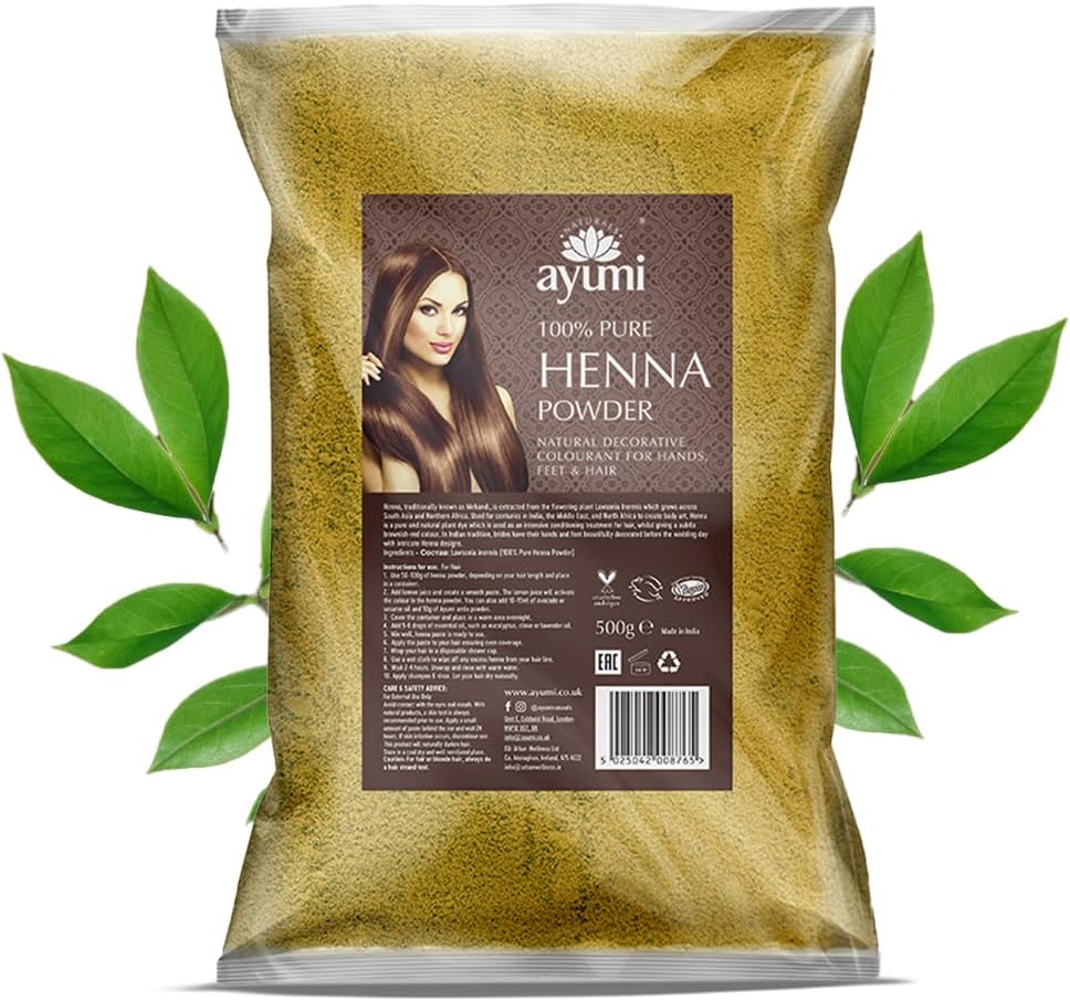 Ayumi Pure Henna 100% (Mendhi), 500g |Natural Dark Red Hair Dye |Chemical-Free Colour |Dandruff Prevention |Hair Growth & Moisture Conditioning Powder