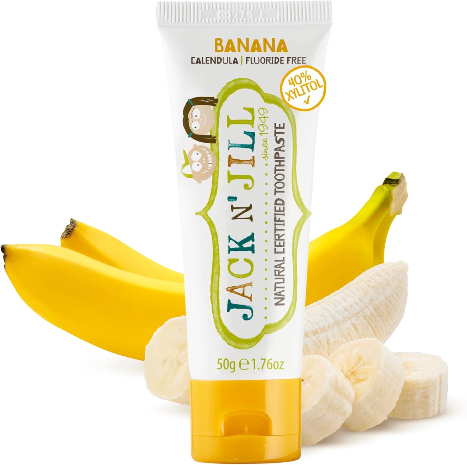Jack N' Jill Natural Certified Toothpaste - Baby & Toddler Toothpaste, Fluoride-Free, 40% Xylitol, Sugar-Free, Safe for 6 Months and Up, Makes Tooth Brushing Fun, Organic Banana Flavour, 1 x 50g