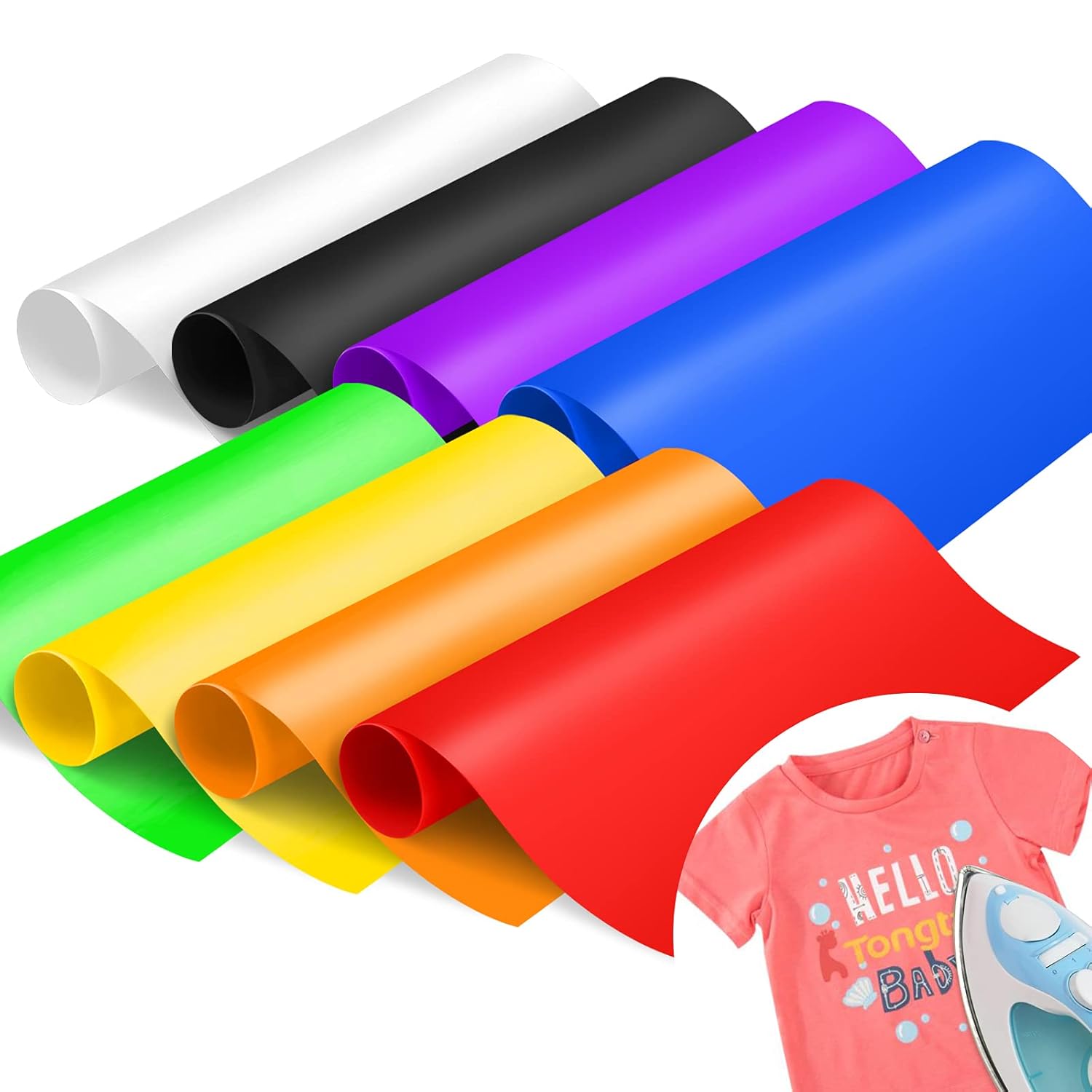 8 Pcs Heat Transfer Vinyl, 30cm X 21cm Iron on Vinyl for T Shirts- Assorted Color HTV Vinyl Roll Permanent Transfer Tape Sheets for DIY Heat Vinyl Design