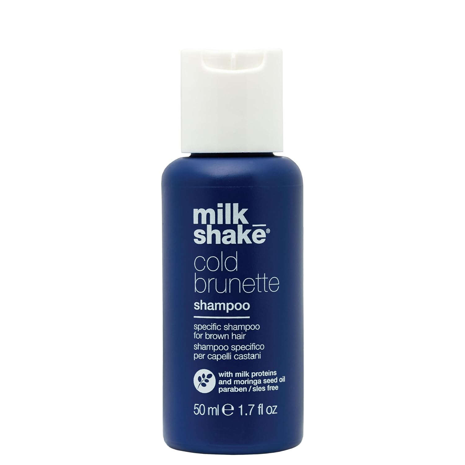 milk_shake cold brunette shampoo | toning shampoo with blue pigment to neutralize orange and red in brunette hair | strengthens, boosts shine, and extends color | SLS/SLES-free
