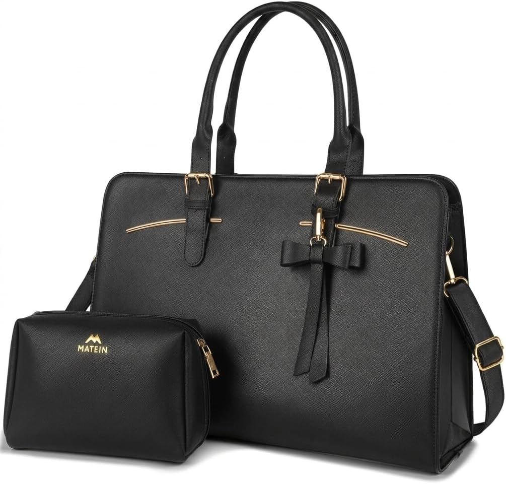 MATEIN Ladies Laptop Bags for Women Stylish, Leather Laptop Handbag with Laptop Compartment Designer Work Bag for Ladies Briefcase 15.6 Inch Laptop Tote Bags for School Satchel Bag for Office, Black