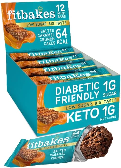 Fit Bakes 64 Calories Salted Caramel Bars, Diabetic Chocolate Keto Snack, 1 Net Carb Low Sugar Chocolate Crunch Cakes (12x19g) Biscuits Diabetic Sweets & Treats, Low Calorie Snack, Fitbakes